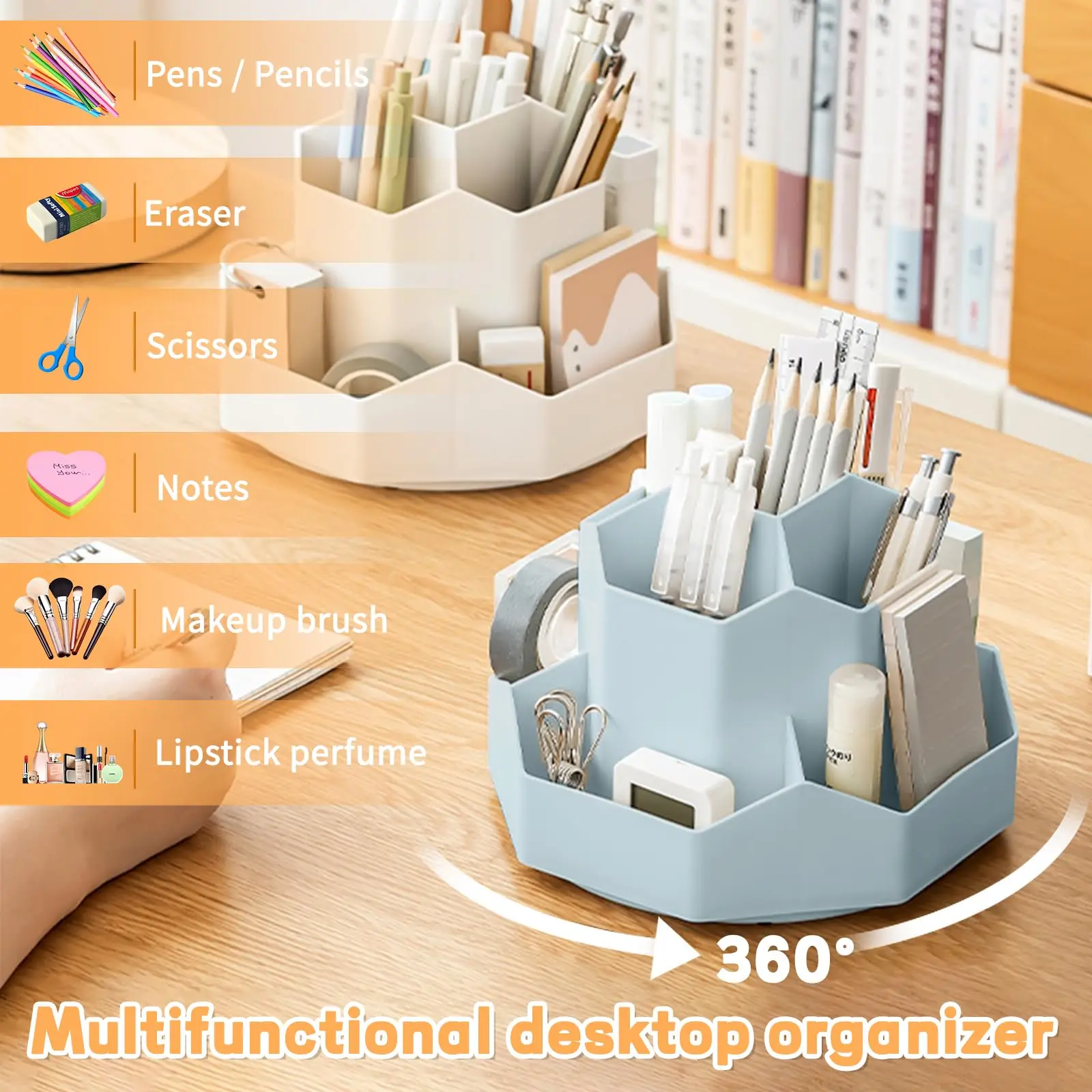 Pencil Pen Holder for Desk,9 Slots 360 Degree Rotating Desk Organizers,Desktop Storage Stationery Supplies Organizer Pencil Cup