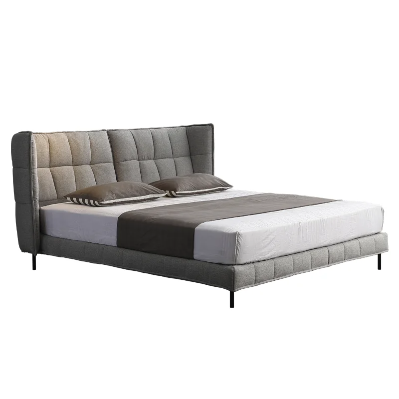 Hotel Bedroom Furniture House Double Bed Upholstered Queen King Size Bed Grey Cotton And Linen Cloth Platform Bed