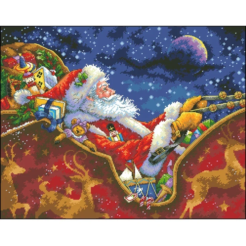 Amishop Gold Collection Lovely Counted Cross Stitch Kit Santa's Midnight Ride Christmas Santa And Sleigh Gift Dim 08934