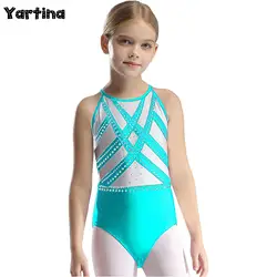 Kids Girls Glittery Rhinestones Ballet Jersey Unitards Leotard Bodysuit Dance Wear Rhythmic Gymnastics Artistic Skating Costume