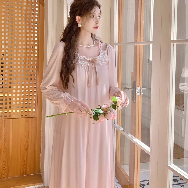 Sexy Lace Princess Nightdress Women Long Sleeve Nightgown Bathrobe Loungewear Rayon Home Clothes Summer Sleepwear Morning Gown