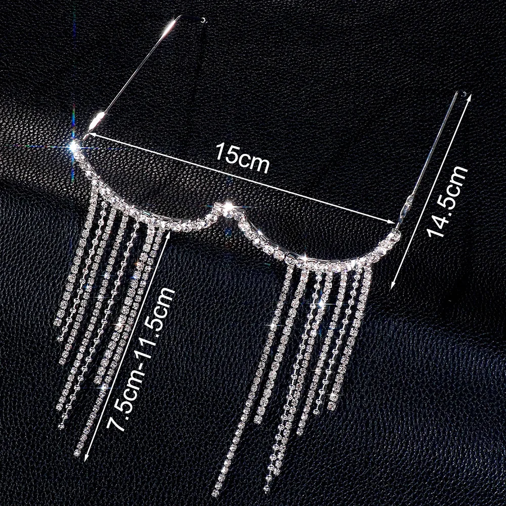 إطار نظارات طويل بشرابة من WEMDU عالي الجودة للنساء 2025 موضة بدون عدسة من حجر الراين نظارات مزخرفة بنصف إطار معدني