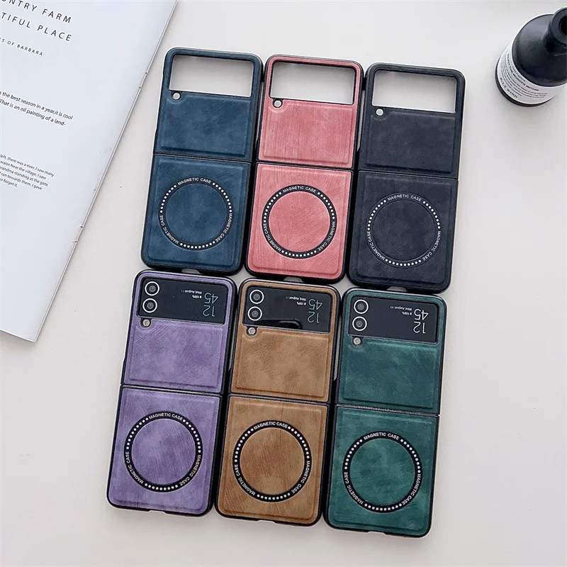 For Samsung Galaxy Z Flip 3 4 Flip5 Flip6 5G Fashion Skin Texture Magnetic Phone Case For Magsafe Shockproof Protective Cases