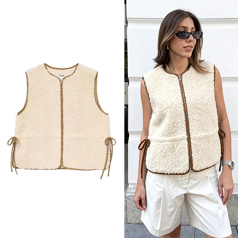 

Chic Fashion Lamb Fleece Vest Woman Adjustable Waist Tied Vests For Women Sleeveless Jacket Zipper Waistcoat Vintage Crop Top ﻿