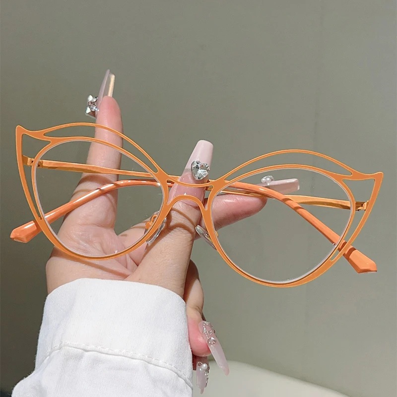 KAMMPT جوفاء حافة القط العين نظارات النساء أنيق الضوء الأزرق حجب النظارات العصرية الفاخرة العلامة التجارية تصميم ديكور إطارات بصرية