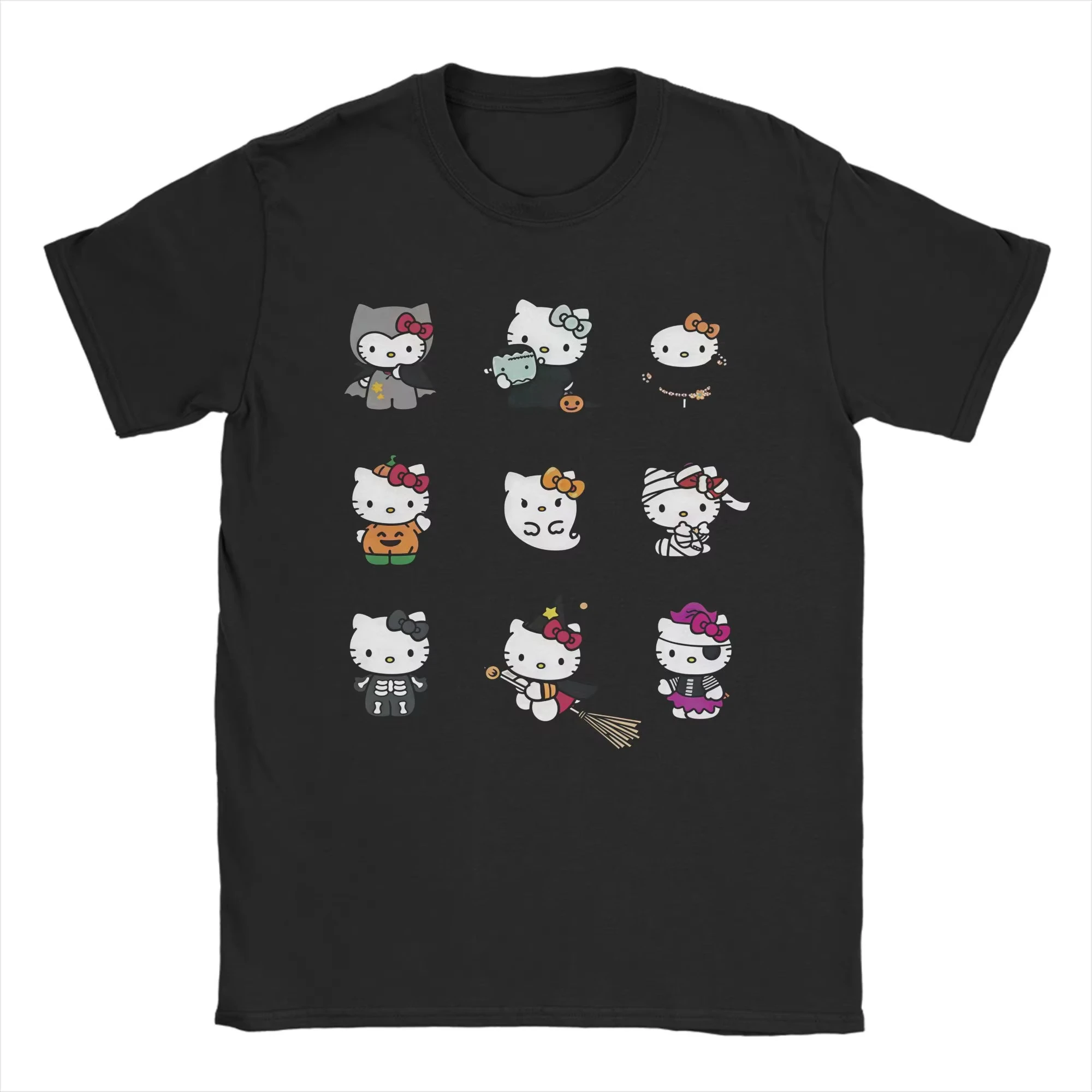 MINISO الترفيه الكرتون مرحبا كيتي هالوين تي شيرت الرجال الياقة المستديرة القطن تي شيرت قصير الأكمام تي شيرت بلايز كبيرة الحجم