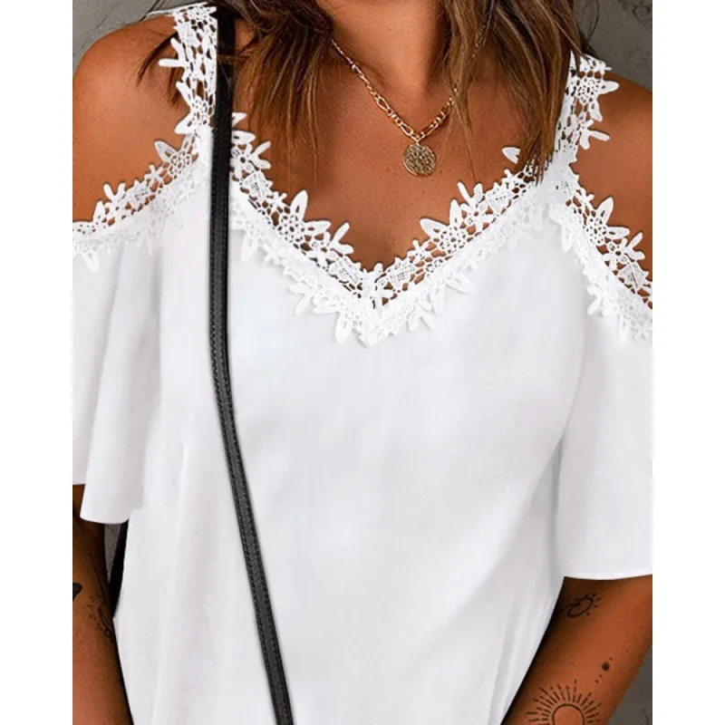 2023 White Lace Short Sleeve Off Shoulder T Shirt Women Summer Loose Casual Top Femme V-neck T-shirt Tshirts Tees