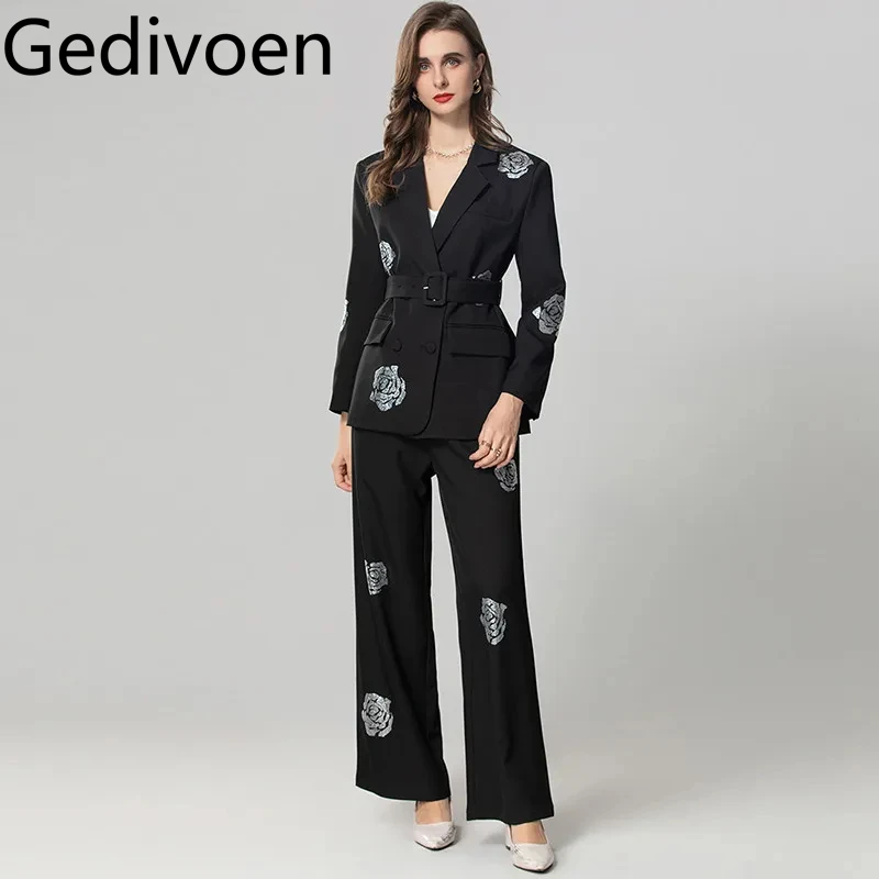 Gedivoen Autumn and winter Women's Suit Notched Double-breasted Tops+Straight leg pants Beading Two piece set With Belt