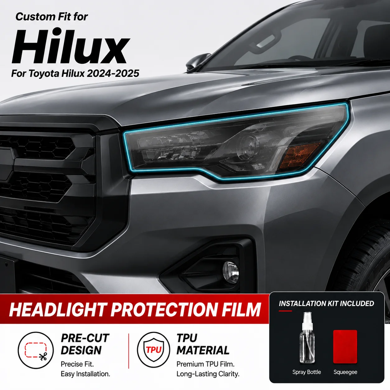For Toyota Hilux 2024-2025 Headlight Protective Film Pre-Cut Smoke Black TPU PPF Vinyl Wrap Protective Kit