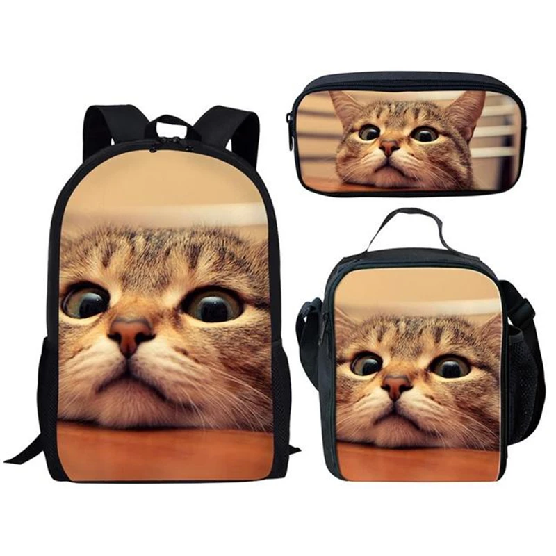 Cartoon Novelty Peculiar Funny Cool Kitten Cat 3D Print 3pcs/Set pupil School Bags Laptop Daypack Backpack Lunch bag Pencil Case