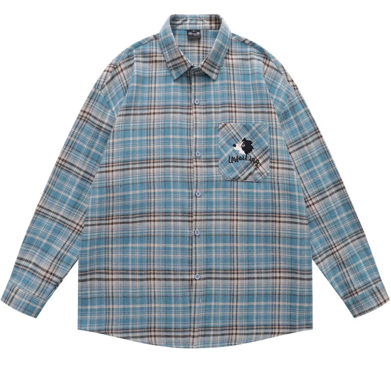 American retro puppy embroidered checkered shirt for men, autumn loose casual versatile couple long sleeved shirt jacket