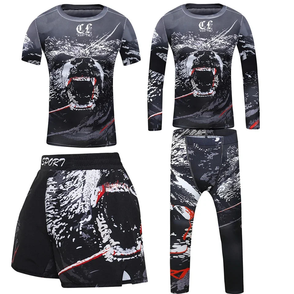 4PCS Sport Suit Kids Compression Shirt Pants Shorts Set Children Boy MMA Rashguard Jiu Jusit Bjj GI Muay Thai Running Sportsuits