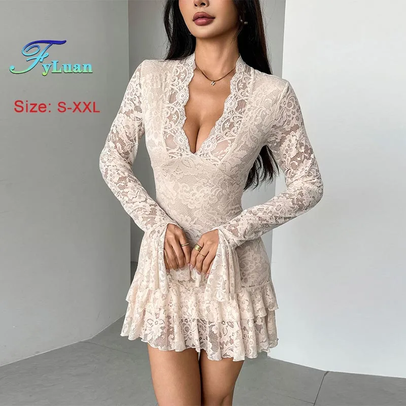Neue Frauen Kleidung Sexy Spitze A-Line Kleid Tiefem V-ausschnitt Doppel Rüschen Kurzes Kleid Einfarbig Abnehmen Geburtstag Outfit Prom Kleider