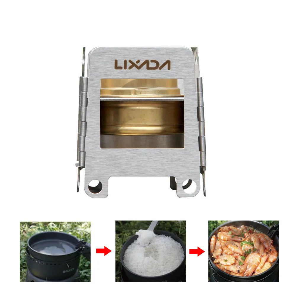 Portable Stainless Steel Lightweight Folding Wood Stove Pocket Stove Outdoor Camping Cooking Picnic Backpacking Stove with Back