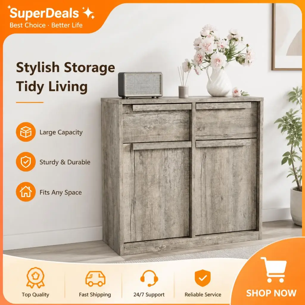 Moderno credenza per sala da pranzo, cucina o soggiorno – 2 ante e 2 cassetti, mobile contenitore decorativo con maniglie in legno, elegante e versatile