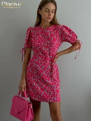 Clacive-Vestido com Estampa Solta Feminina, Decote O, Manga Curta, Mini Vestidos, Elegante, Clássico, Com Renda, Moda Feminina, Verão, 2024