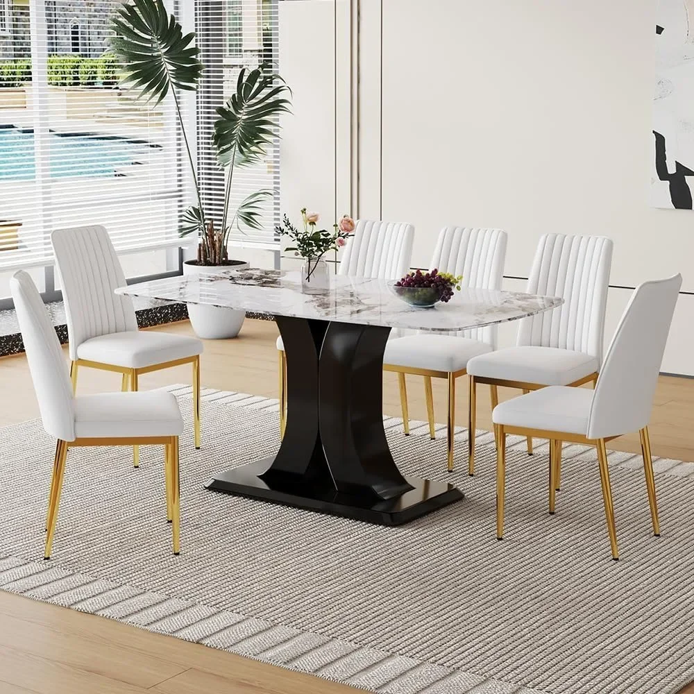 6-piece dining table set, marble rectangular kitchen table with PU leather cushioned dining chairs 6-piece set
