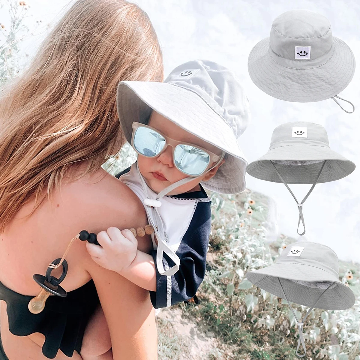 SMILE Baby Sunhat-Sombrero de cubo para niños y niñas, visera grande de algodón, gorra de viaje para playa