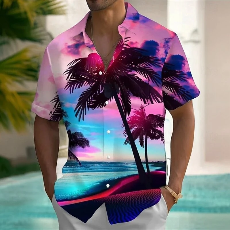 Tropical Sunset Landscape Aloha Shirt Men Men Clothing Short Sleeve Lapel Casual Summer Shirts Full Sublimation Oversized Blouse