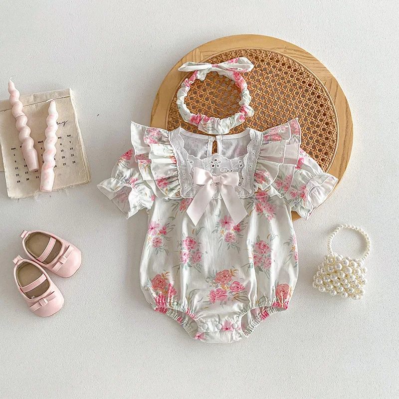 Baby Girls Romper Headband Set Pink Floral Summer Clothes Short-Sleeved Newborn Jumpsuit Korean Toddler Infant One-Pieces Onesie