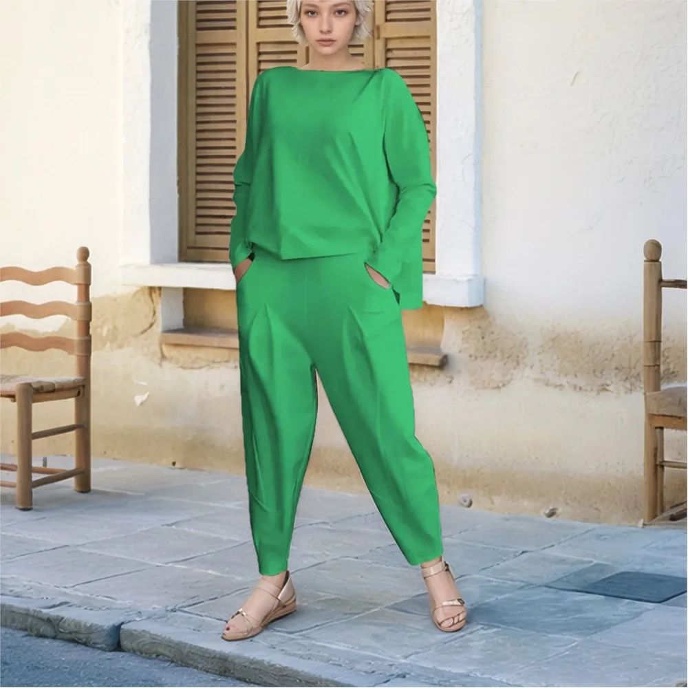 Autumn Winter New Fashion Solid Color T-shirt Women 2 Piece Set Casual Loose Pocket Harlan Pants Female Suit Ladies Street Wear