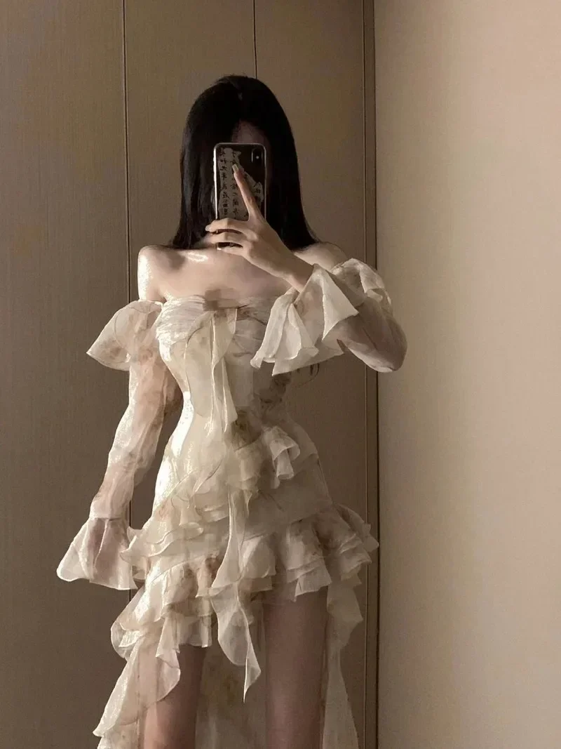 

Elegant Fashion Off Shoulder Dress for Women Autumn Irregular Slim Waist Ruffles Dresses Y2k E-Girl Long Sleve Vestidos Mujer