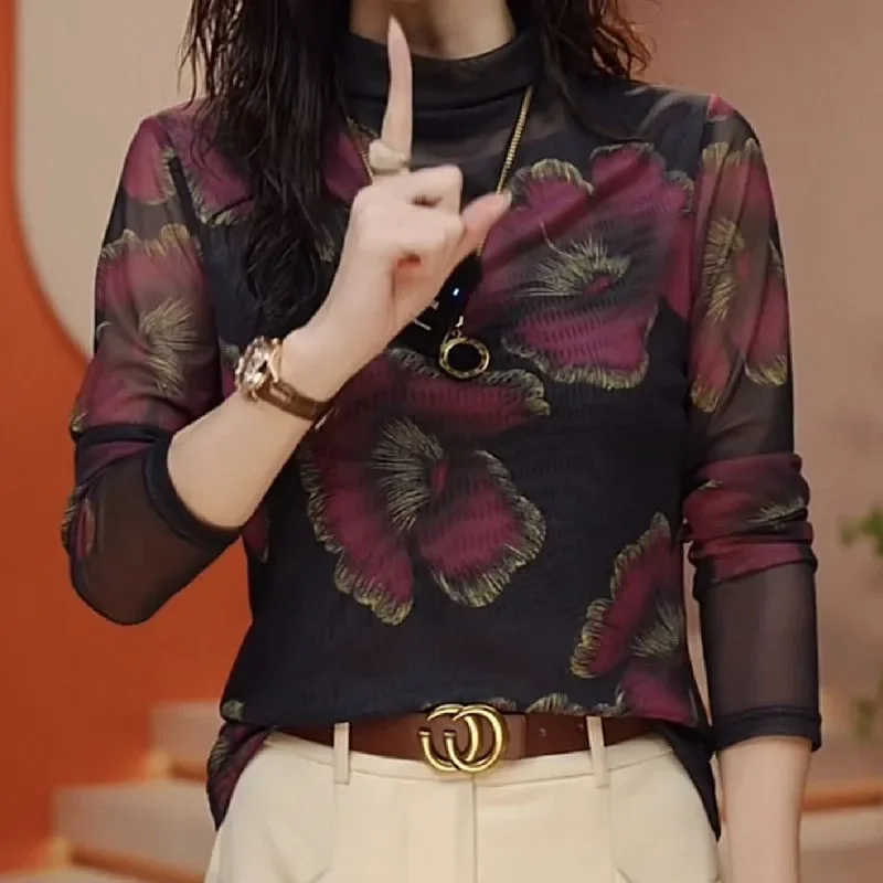 

Women's Mock Neck Floral Print Long-Sleeve Sheer Mesh Top Slim Fit Elegant Blouse