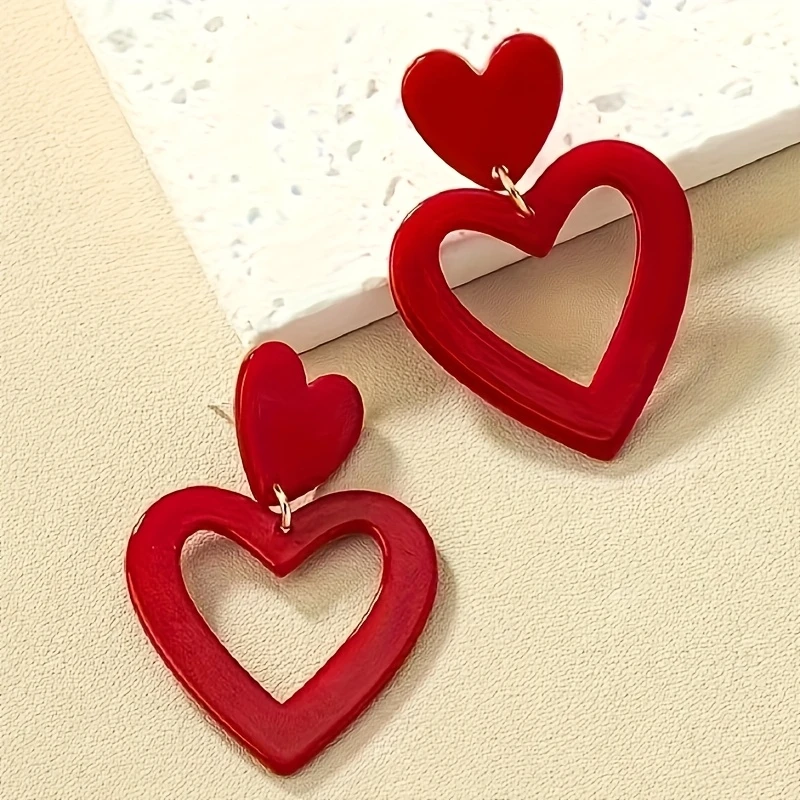 Fashion Simple Design Red Color Heart Drop Earrings Ladies Wedding Valentine's Day Personalized Accessories Party Jewelry Gifts