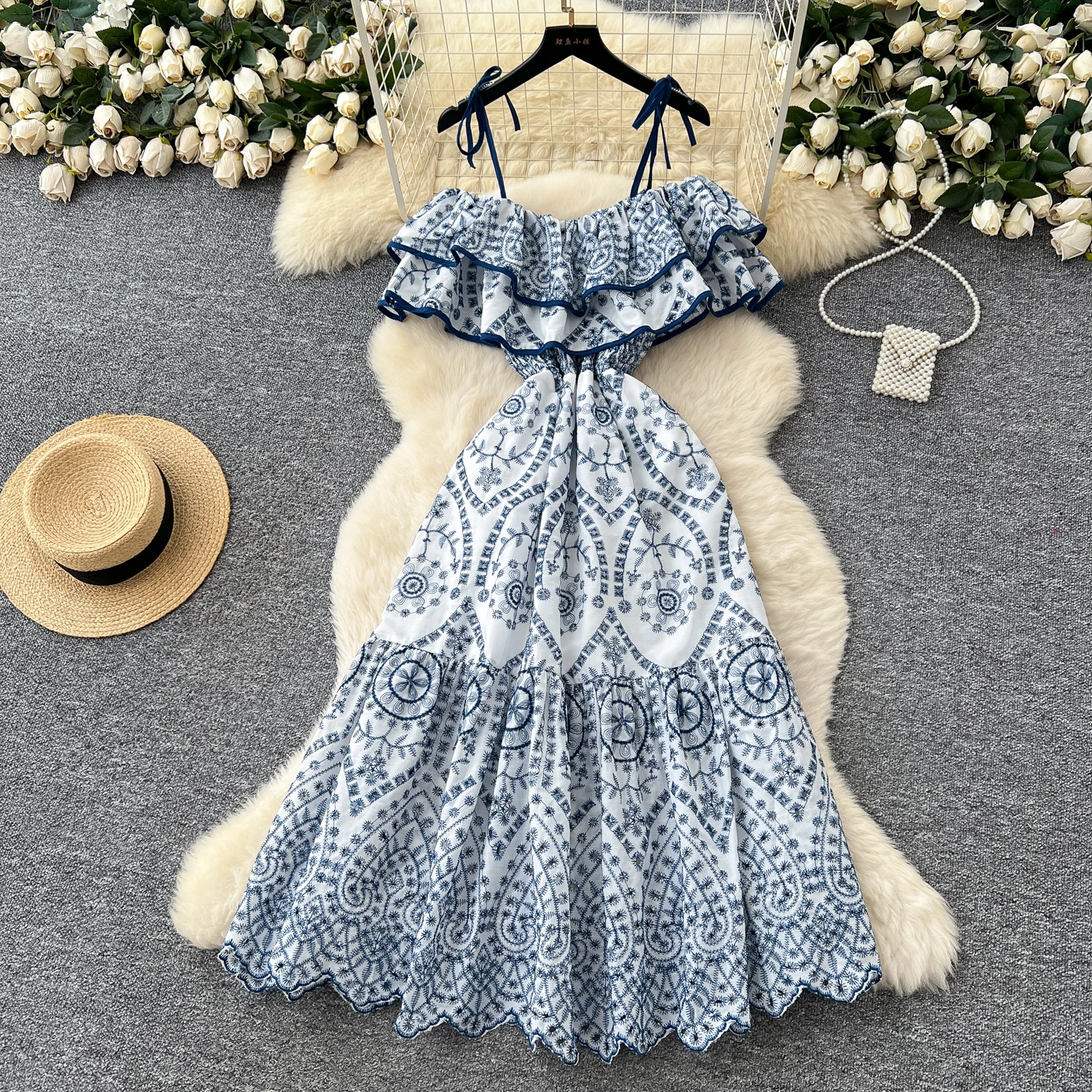 Chic vintage Sexy ruffle hollow out slim Elegant Fairy korean fashion Boho Sundress women clothing Long dress