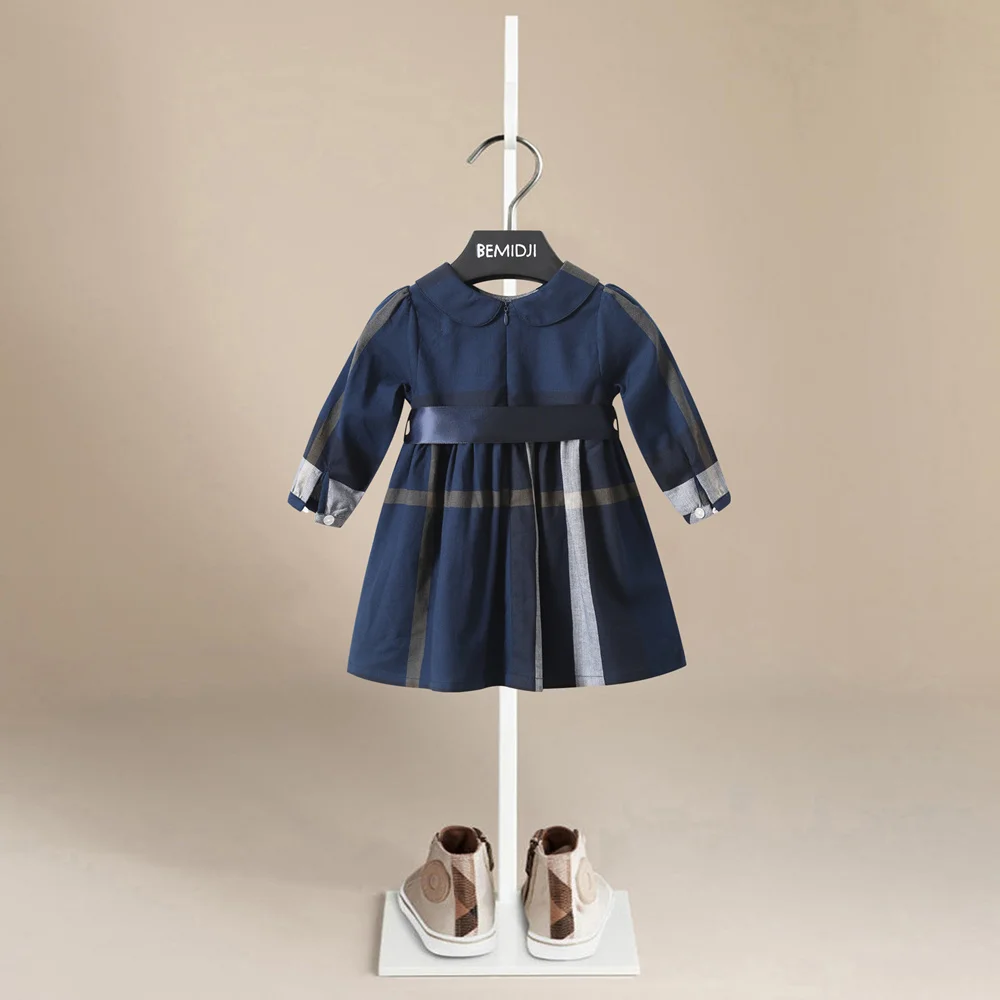 Fashion Long Sleeve Girl Dress Plaid Casual Wear Belt British Style Dress Cotton Kids Clothing Children's Wear Summer 1-6 Years