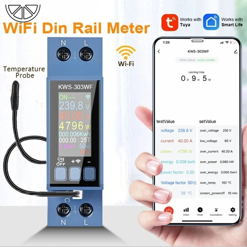 WIFI Tuya Din Rail AC Monitor Multifunction Energy Power Voltage Current Power Factor KWH Electric Frequency Meter AC85-290V/40A