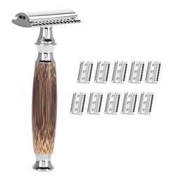 1 Set Classic Bamboo Handle Safety Razor Manual Double Edge Shaving Shaving Barber Razors T-Shaped Razor Kit For Men