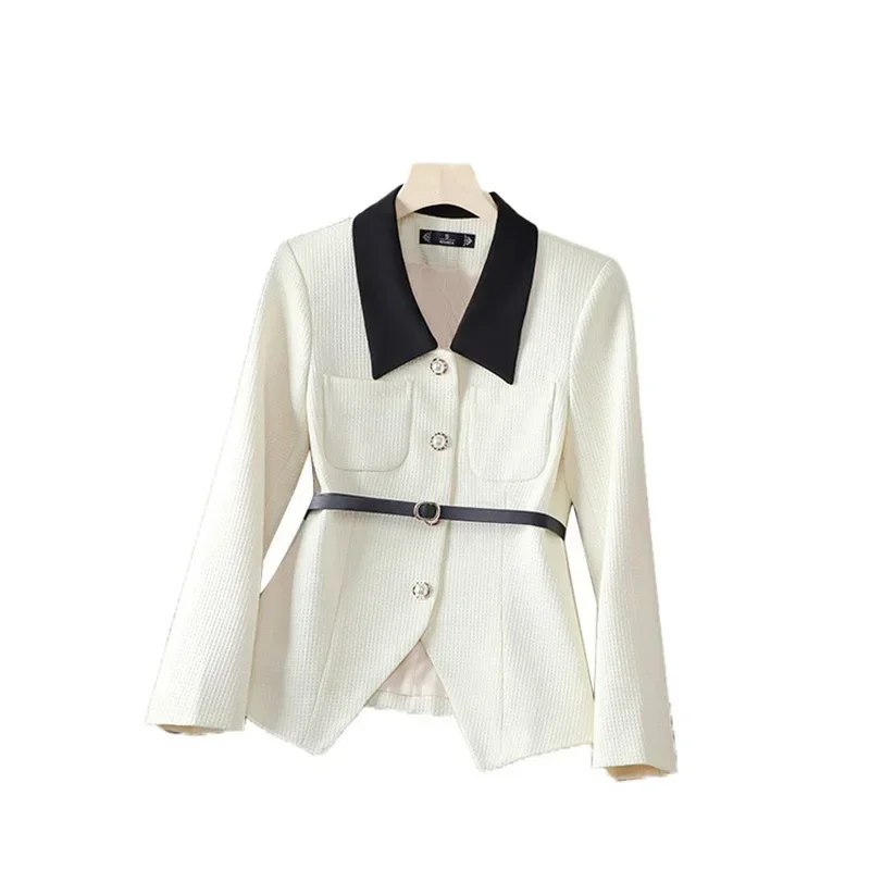 Traje blanco de 1 pieza para mujer, Blazer con cinturón, ropa de trabajo de negocios para mujer, chaqueta para niña, abrigo con solapa negra, vestido de Graduación