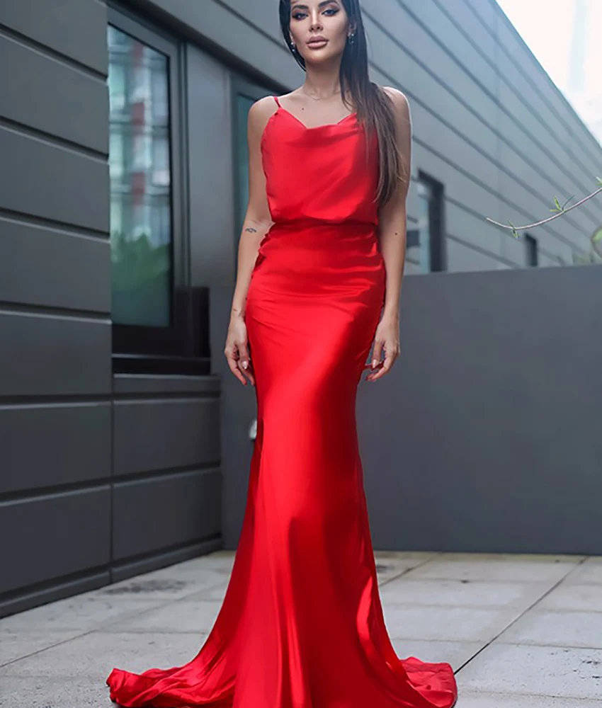 

Customized Sexy Satin Mermaid Spaghetti Straps Evening Dress High Quality Sweetheart Sleeveless Floor Length Celebrity Gowns