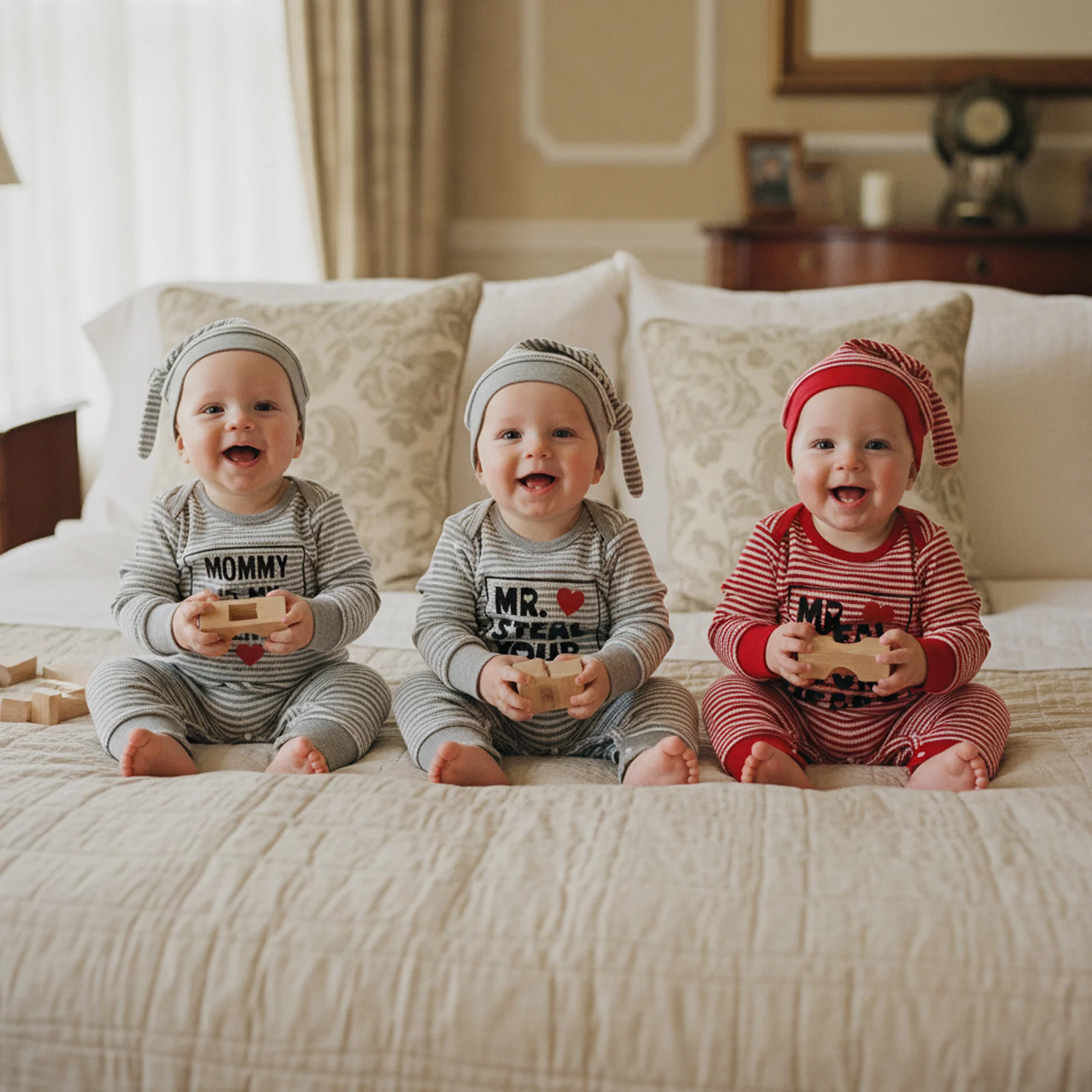 Spring Valentine’s Day Infant Baby Boys Jumpsuit Set Long Sleeve Stripes Letters Romper Hat Outfit Clothes