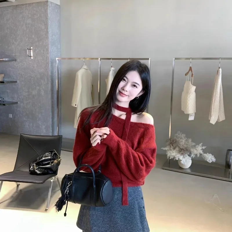 Women's 2026 Autumn Winter Halter Off Shoulder Knit Top Long Sleeve Ruched Slim Fit Chic Coquette Streetwear Trendy Sweater