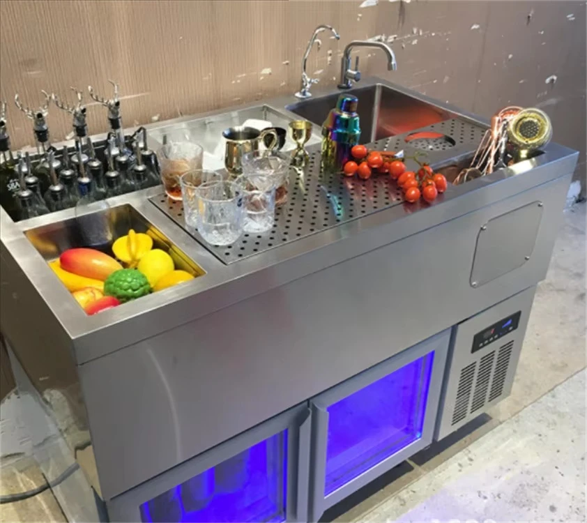 Stainless Steel Drink Bar Interior Cocktail Bar Station Design Bartender Station with Chilled Bottle Storage