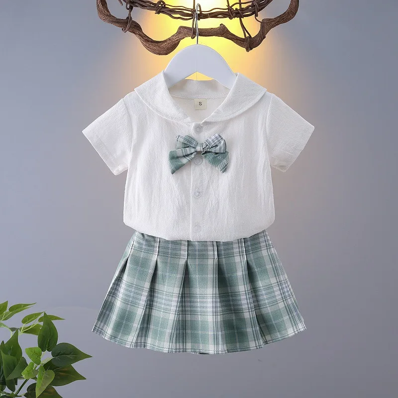 2024 summer new girls sailor short white bowknot T shirt blouse + jk plaid pleated skirt suit teenager children set 4 12 year