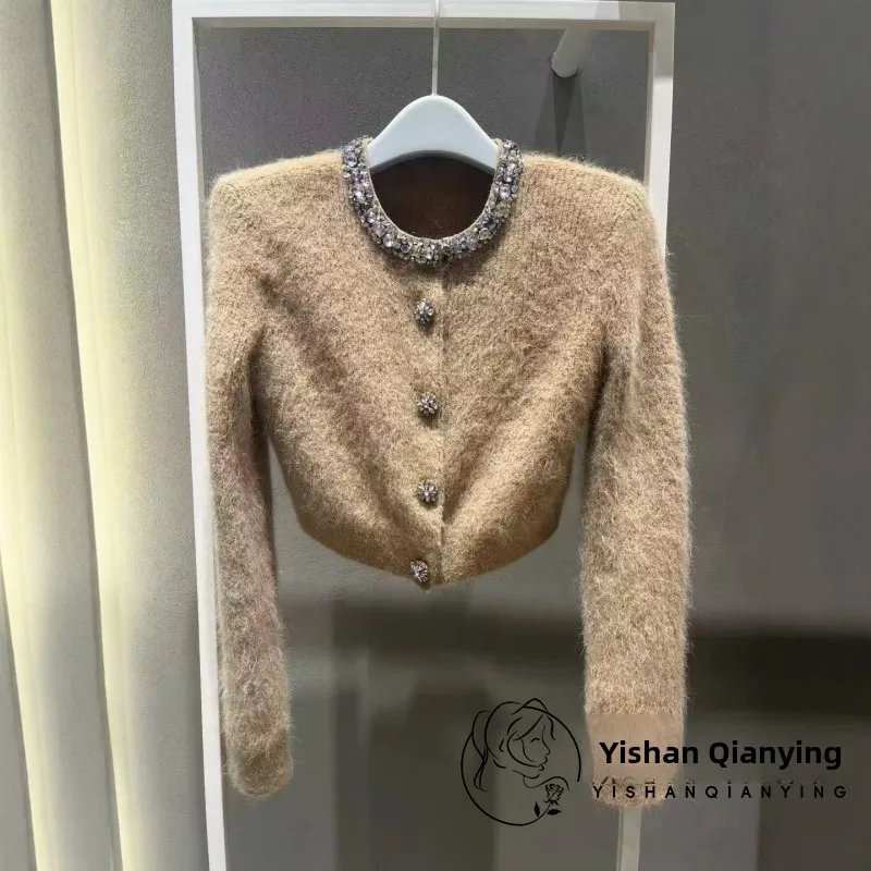 

Роскошный вязаный кардиган с бриллиантами, круглый Ne Svel ort Length Faionable, осенне-зимний женский топ Celebri I...