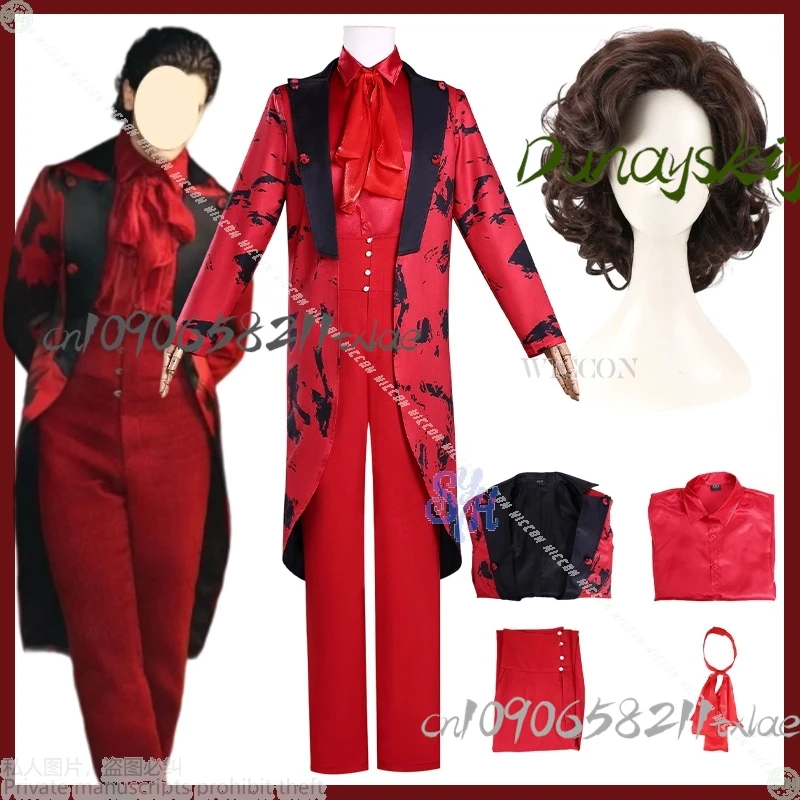 

Isaacc Cosplay Movie Never Cos More Anime Costume Red Tuxedo Black Ink Pattern Long Coat Horror Goth Y2K Suit Wigs Halloween