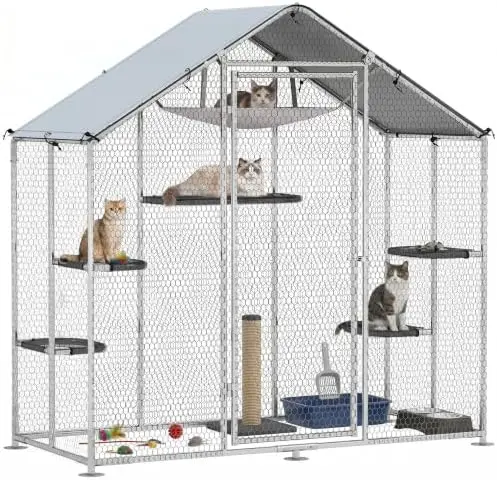 Large Catio Outdoor Cat Enclosure Chicken Coop Pointed Roof | Galvanized Steel Walk-in Cat Patio, Outdoor Kitty Cage