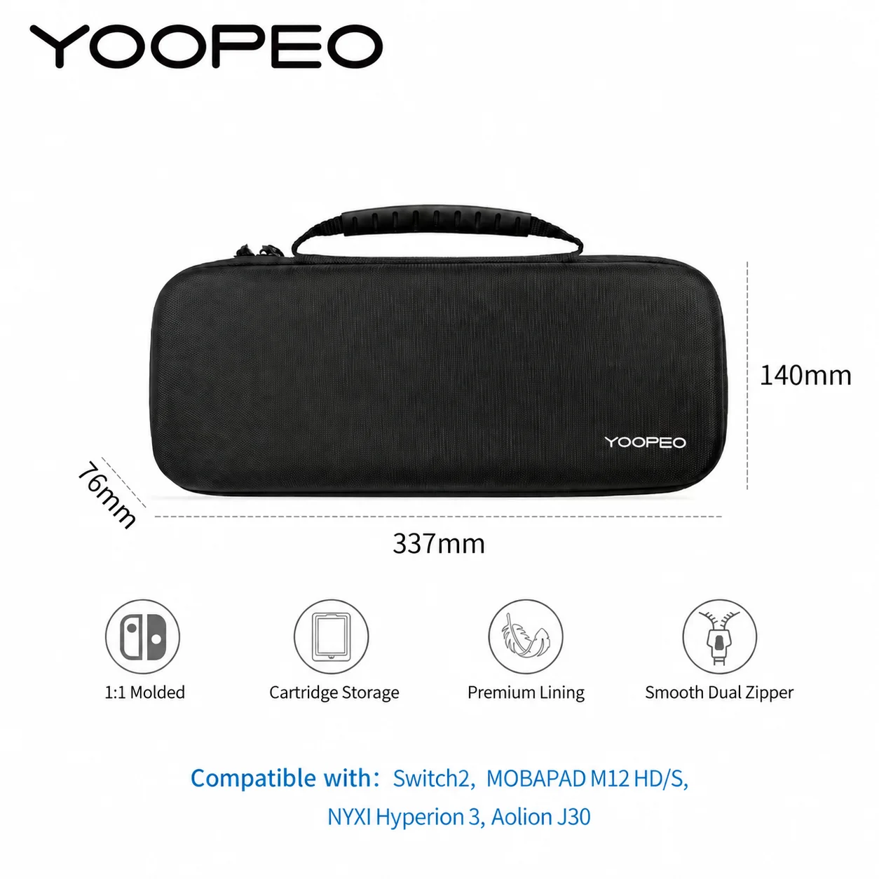 YOOPEO製、Mobapad M12、NYXI Hyperion 3、J30、Switch 2に対応したキャリングケース兼収納バッグ。ジッパー付きで、衝撃に強い保護ケース。