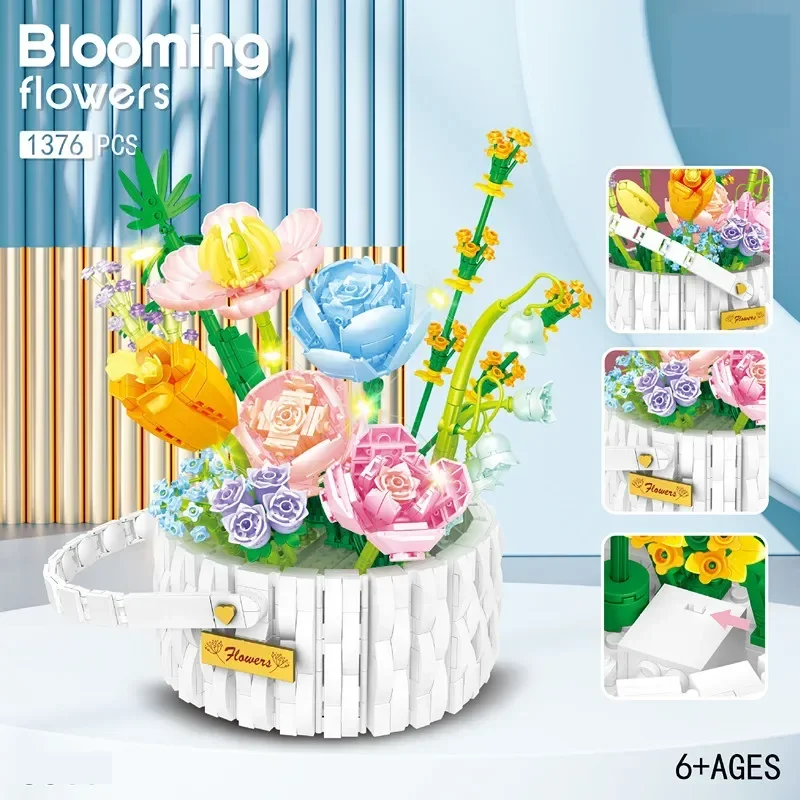 Summer Sunshine Flower Basket Building Blocks Bouquet Bricks Toys Home Decoration Children Holiday Gift