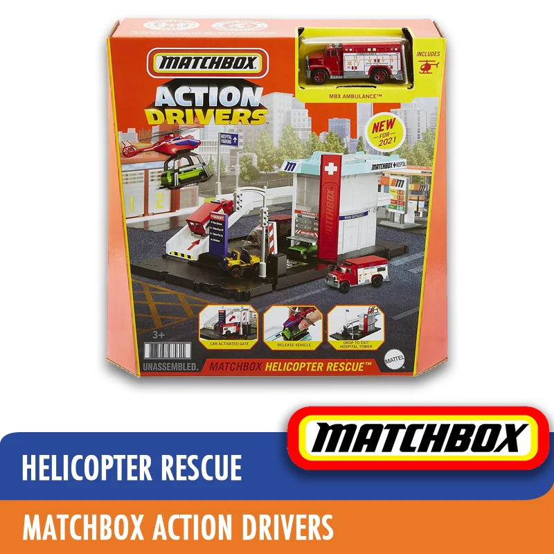 Original Matchbox Action Drivers City Car Diecast 1/64 Bus Station Fuel Pizza Helicopter Rescue Volkswagen Kids Toy for Boy Gift