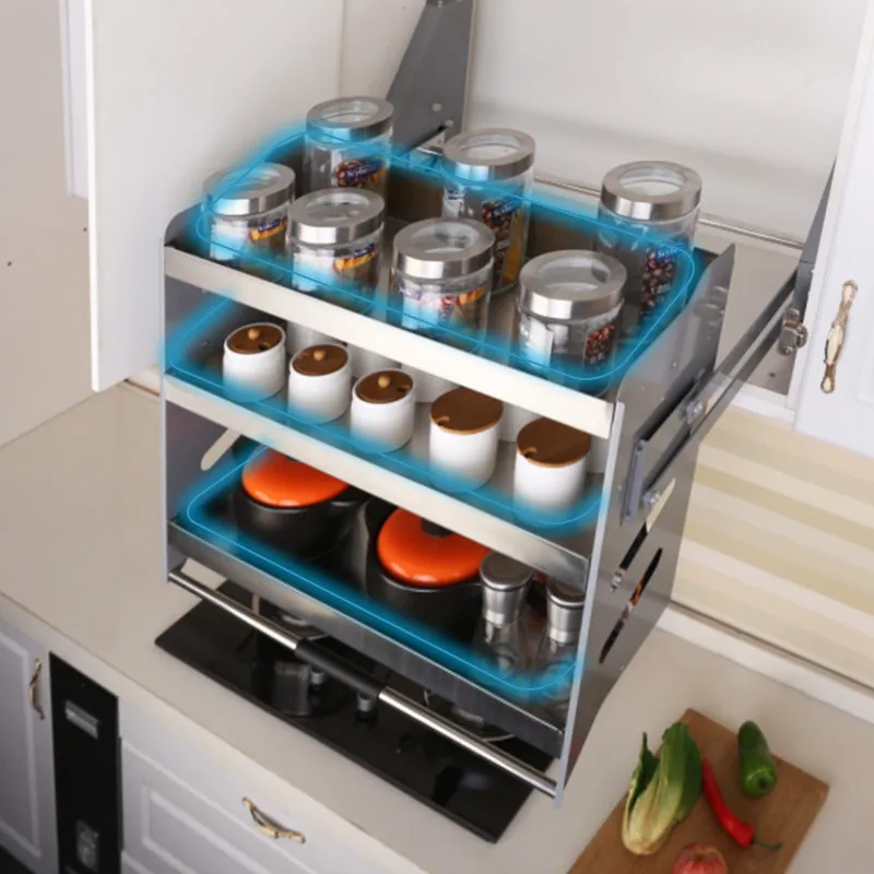 Kitchen hanging cabinet lift basket drop-down stainless steel drop-down basket cabinet high cabinet three-layer rack
