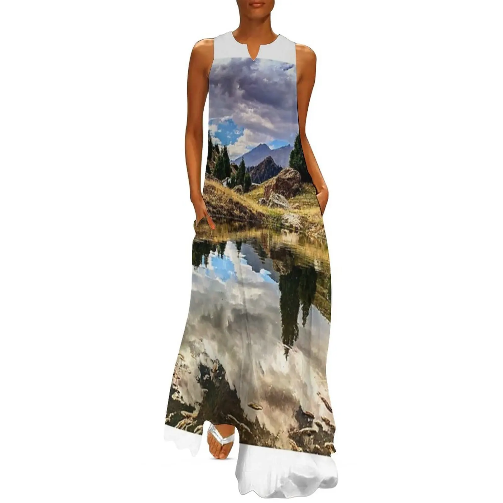

Mountain's Serenity Reflected in Calm Waters Long Dress evening dresses women dress for women women evening dress