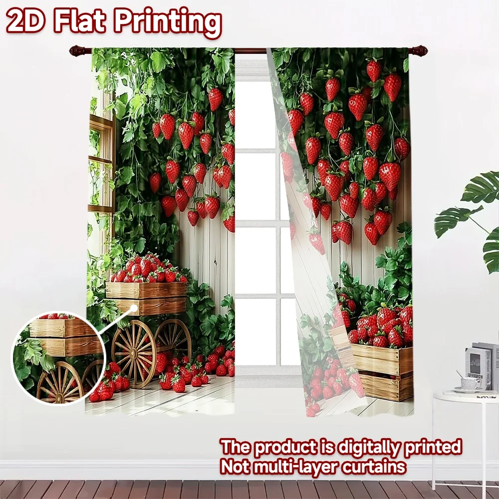2D flat 2pcs Curtain Vintage drapes and curtains Hanging Strawberry Garden Digitally printed polyester, colorfast Festive Wall