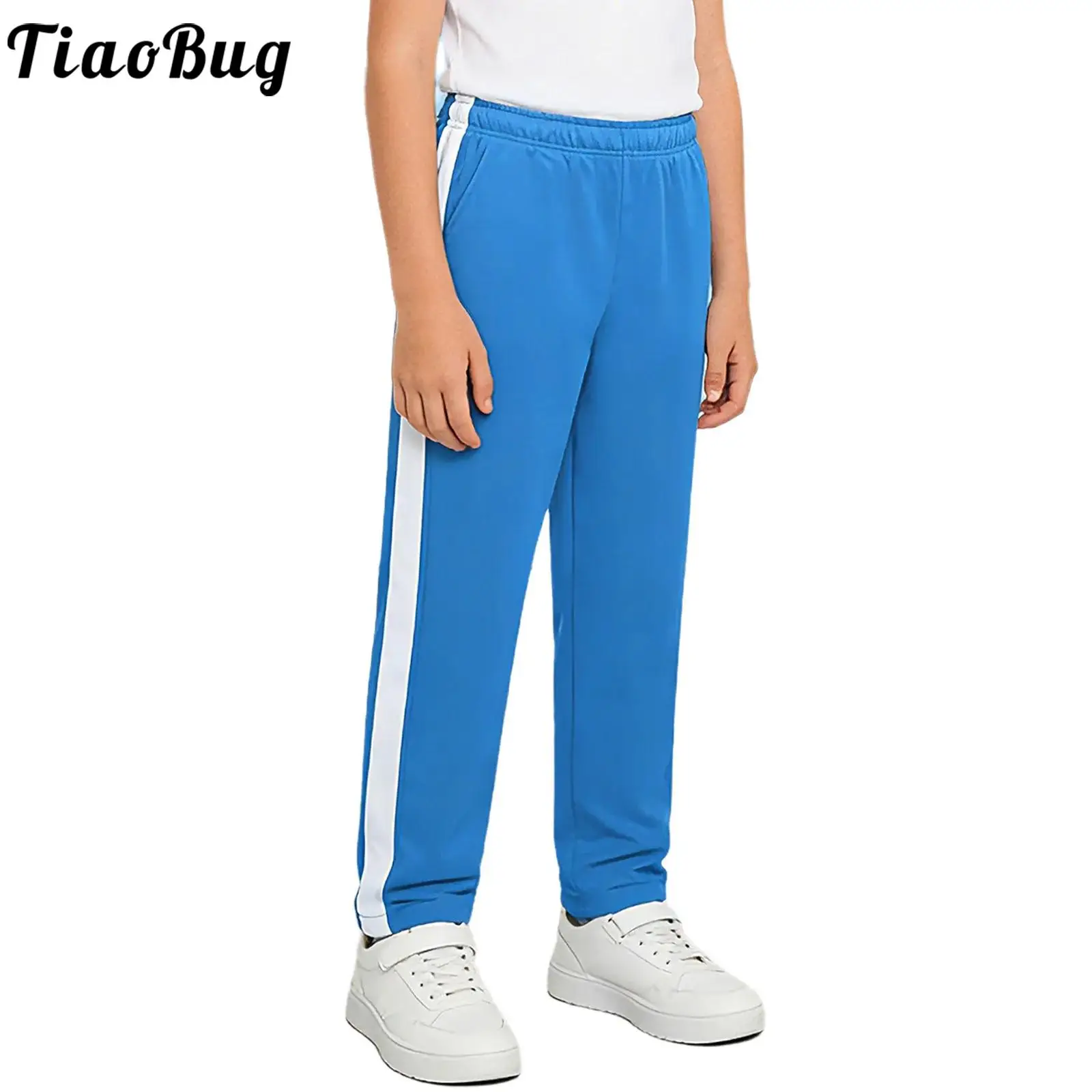 Boys Girls Contrasting Stripe Sweatpants Drawstring Elastic Waistband Straight-Leg Pants School Sports Trousers with Pockets