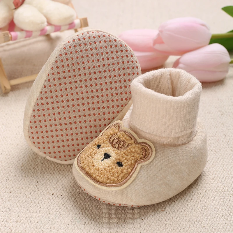 Baby Winter Sock Shoes Cartoon Bear Patch Fleece Lined Cuff Non Slip Soft Sole Infant Newborn Indoor Warm Crib Booties 0-18M view 6