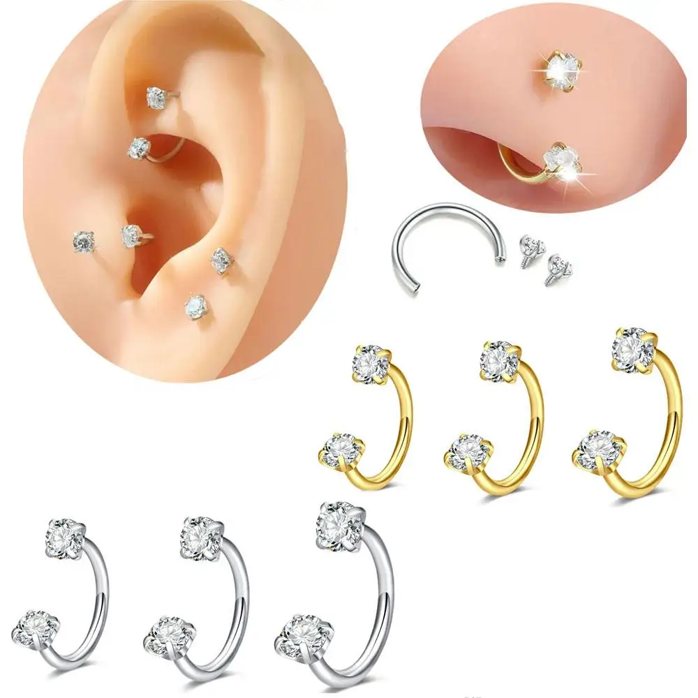 1/3Pcs Stainless Steel Crystal Hoop Ring Piercing Nose Ear Nose Rings Women Men Cartilage Helix Earrings Daith Piercing Jewelry